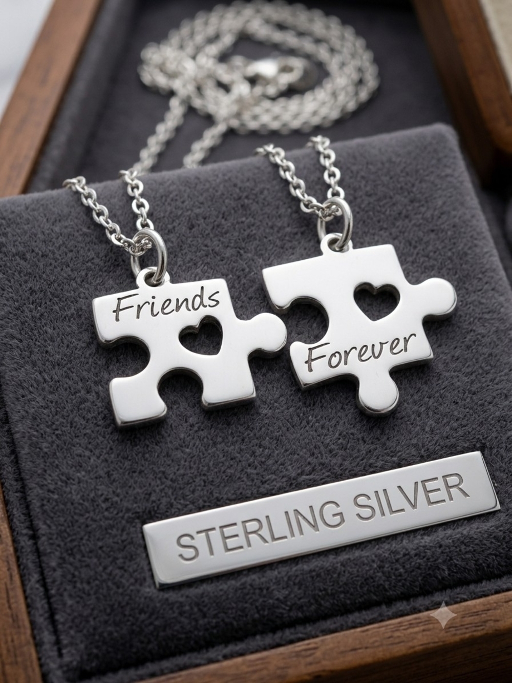 Sterling Silver Friends & Forever Puzzle Piece Necklace Set - Silver